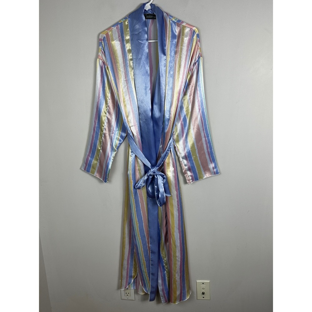 Vintage Christian Dior Pastel Striped Robe Womens Size Medium Satin Belted